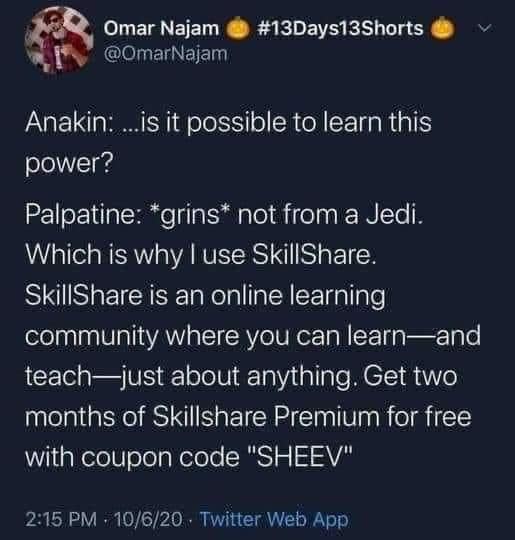 This meme is a screenshot of a tweet from a Twitter user named @OmarAbouSalem. The tweet is a response to a question about how to learn a new skill, and the user is jokingly suggesting that the best way to learn is to "just watch" a Star Wars movie, specifically "The Last Jedi" where a character named Finn says "Never tell me the odds" is not in the movie, but instead says "Never tell me the odds" is in the movie "A New Hope", but the quote "Never tell me the odds" is in the movie "The Last Jedi", but is not in "A New Hope".